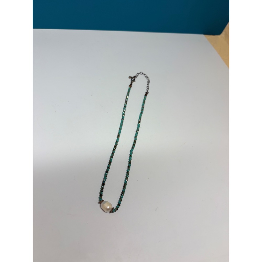 Turquoise Glass Beaded Necklace Baroque Freshwater Pearl Bronze Accents‎ 18in